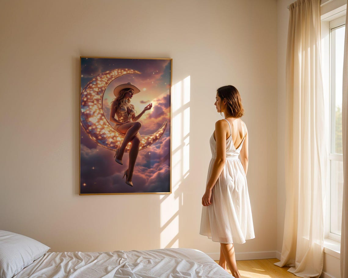 Cowgirl Sitting On Glittering Crescent Moon Pink Cloud Fantasy Poster - Image 3