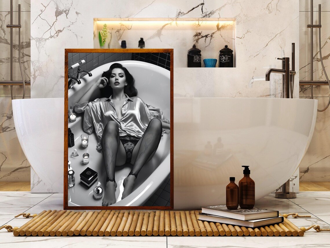 Woman in a Satin Shirt Reclining in a Bathtub With Candles Poster - Image 5