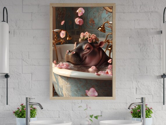 Hippo in Bathtub With Flower Crown and Rose Petals Art Poster