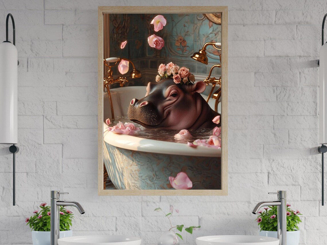 Hippo in Bathtub With Flower Crown and Rose Petals Art Poster
