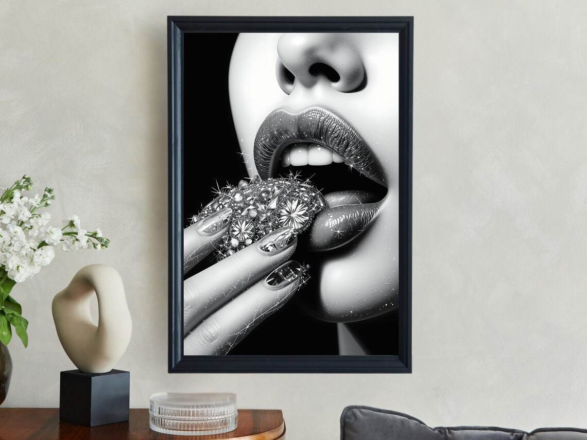 Sparkling Lips With Diamond Jewel Black White Glamour Poster