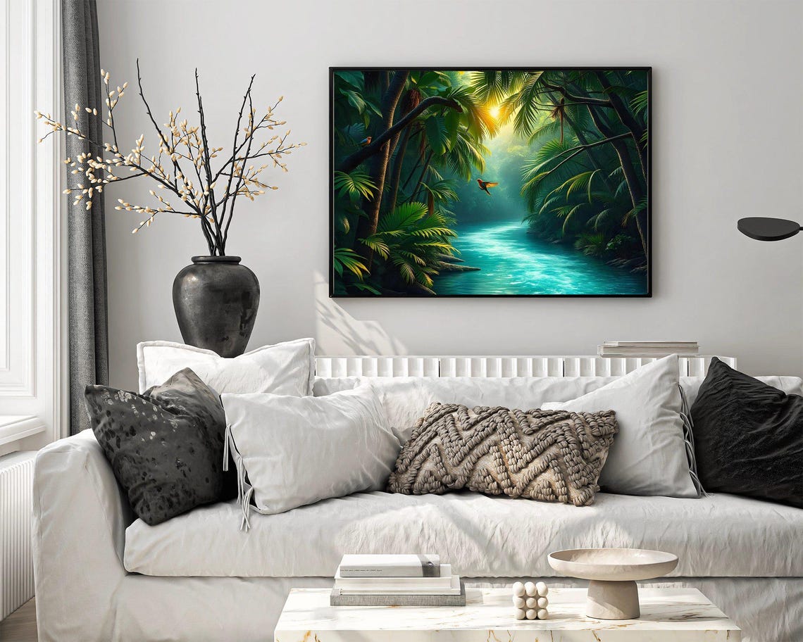 Sunlit Tropical Jungle River with Birds in a Lush Green Forest Poster - Image 4