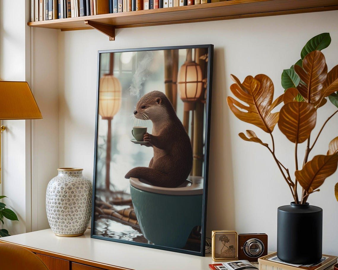 Serene Otter Drinking Tea While Sitting On A Teal Toilet Poster - Image 5