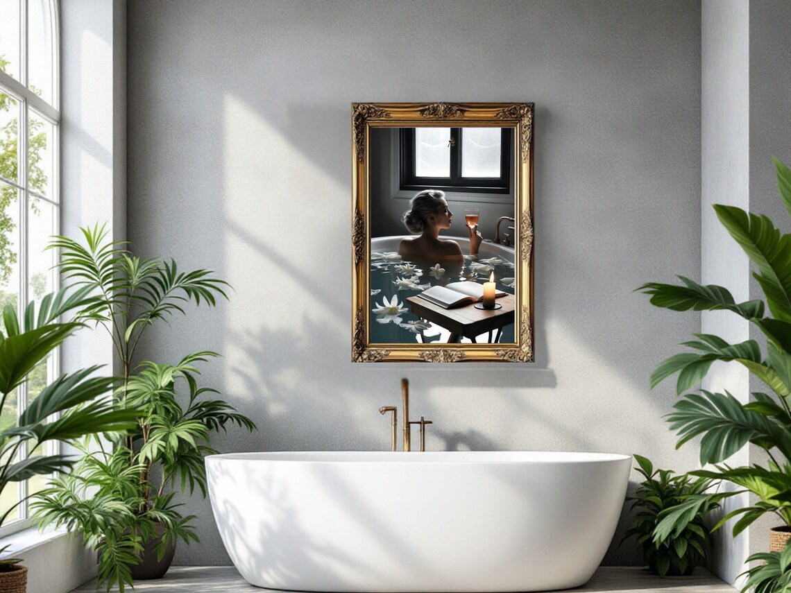 Woman in a Bathtub With Wine Floating Flowers and a Book Poster - Image 3