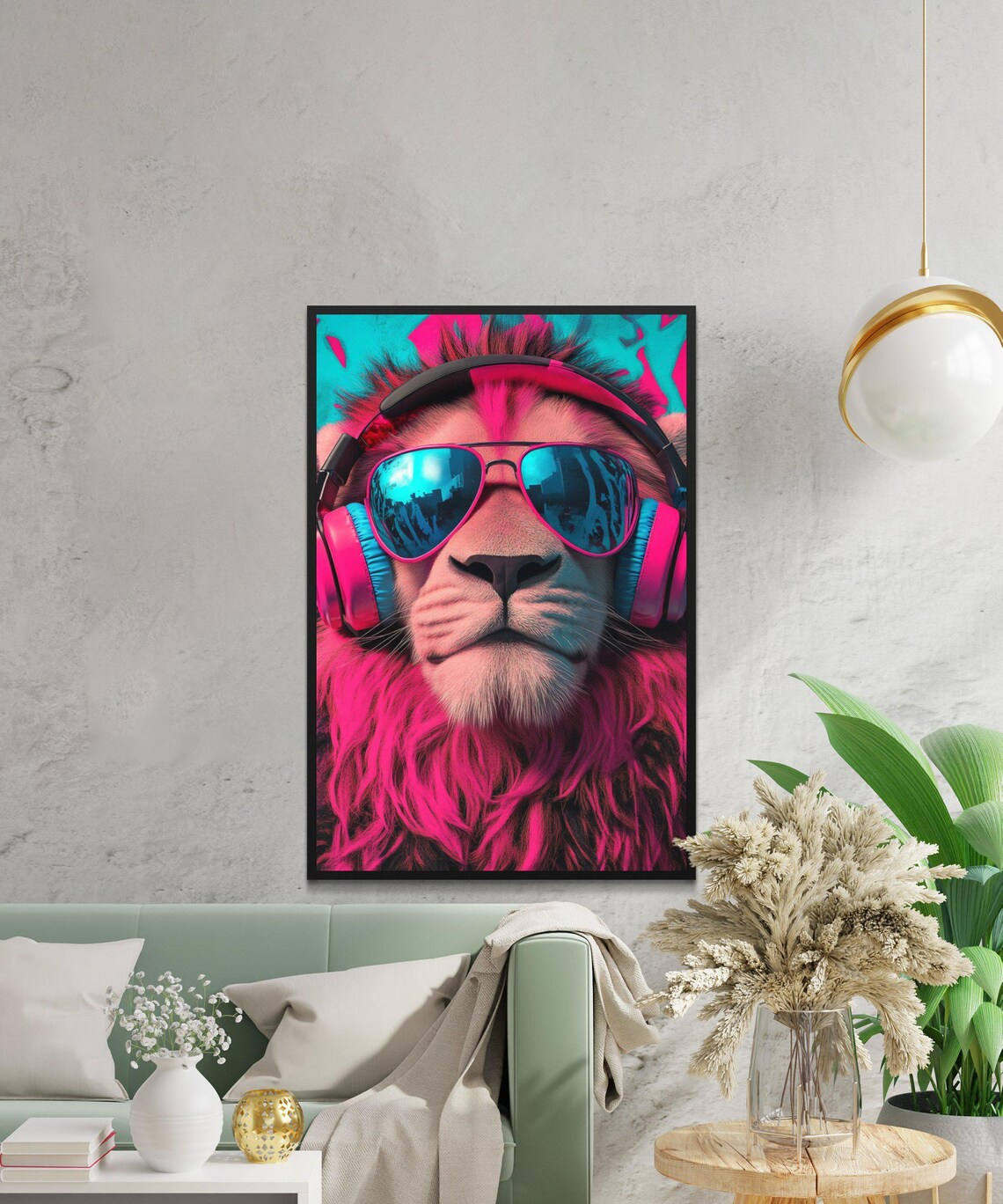 Neon Pink Lion In Headphones And Mirrored Aviator Sunglasses Poster - Image 2