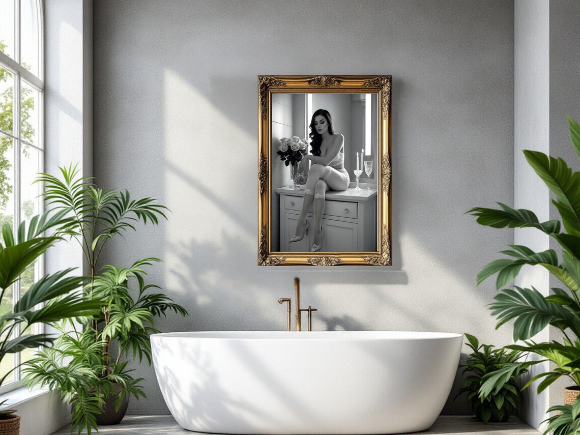 Woman in Lace Lingerie Sitting on a Bathroom Vanity at Night Poster - Image 3