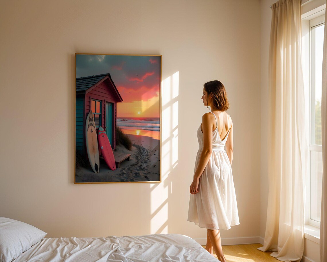 Coral Red Surf Shack With Two Boards on Beach at Sunset Poster - Image 4