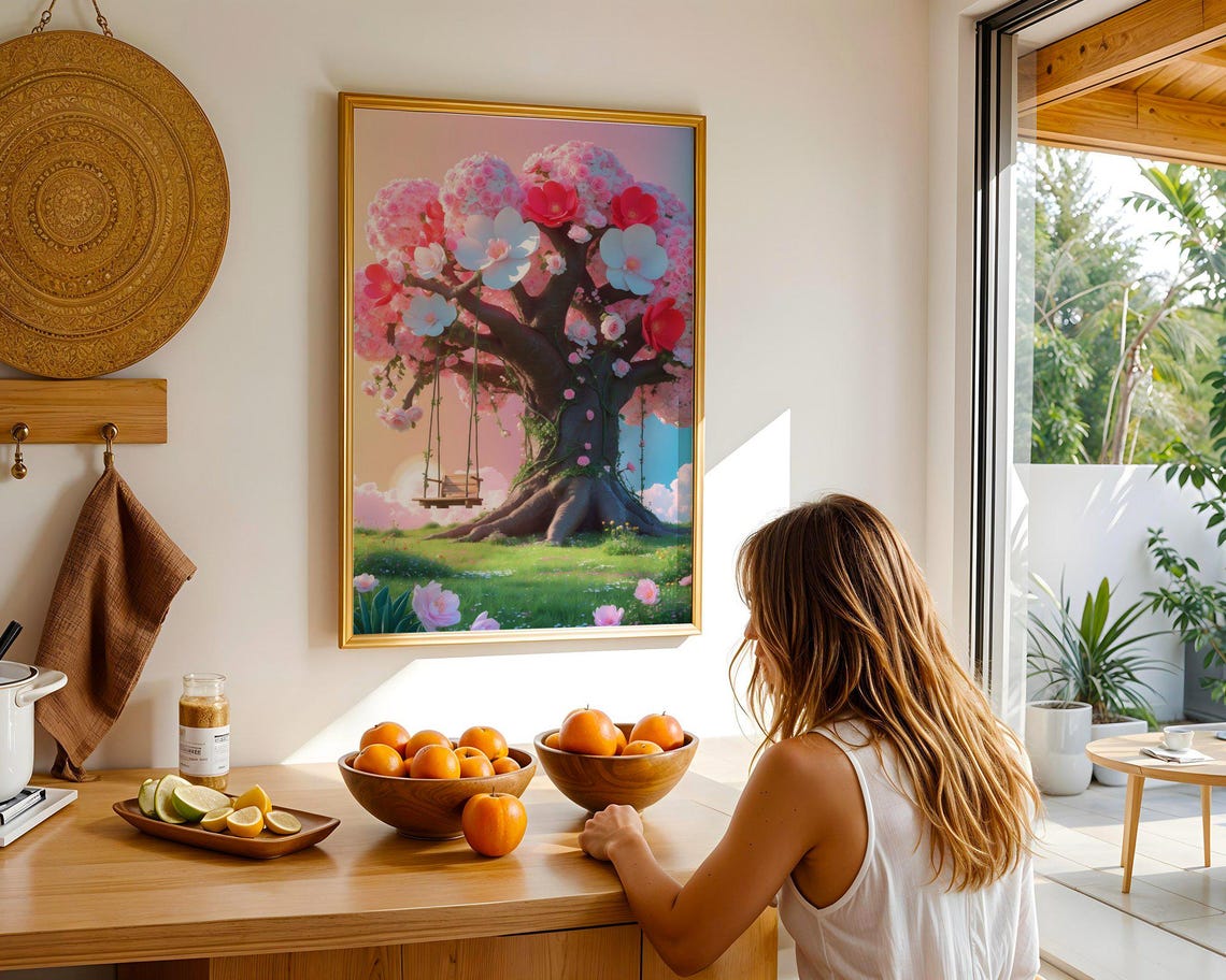 Blossoming Cherry Tree With A Wooden Swing Over A Sunny Meadow Poster - Image 2