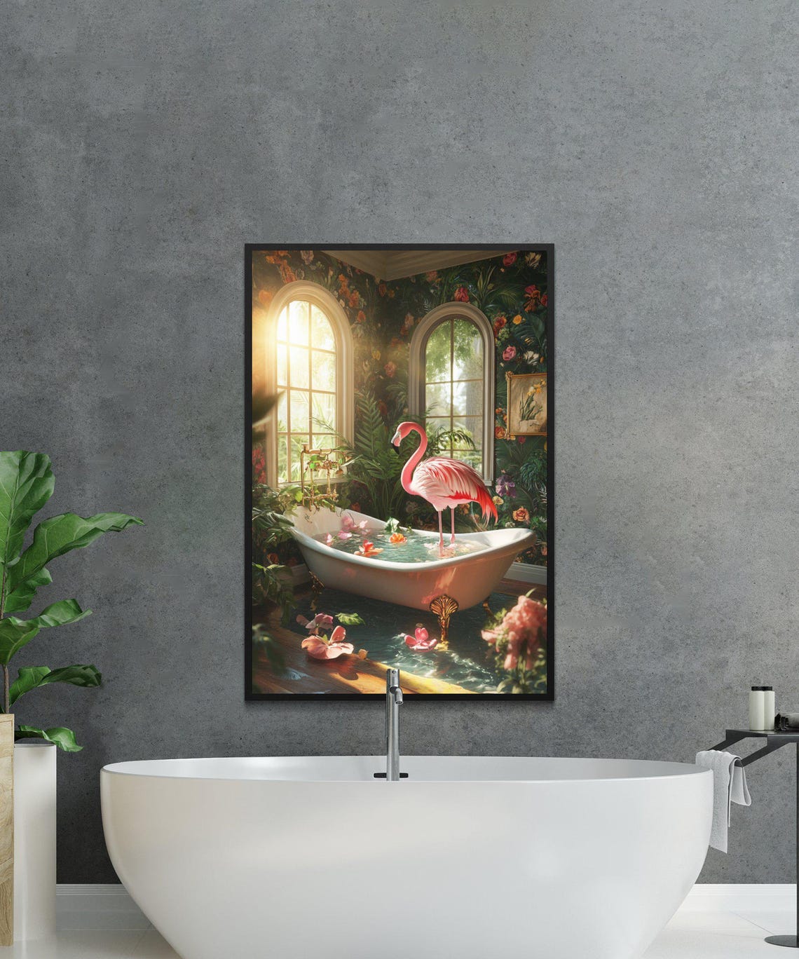 Flamingo Bathing in Tropical Flower Bathtub Botanical Art Poster - Image 2