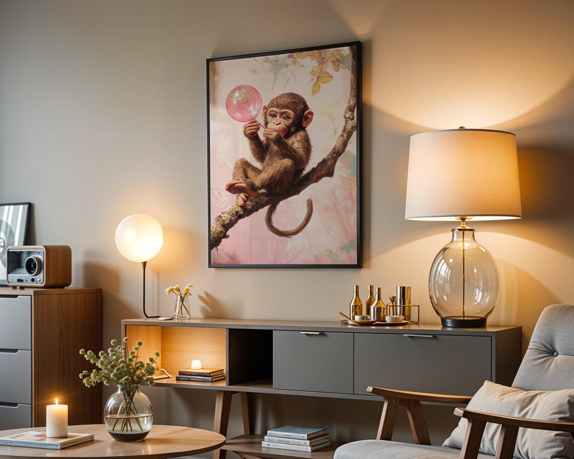 Baby Monkey on Branch Blowing Pink Bubblegum Bubble Art Poster - Image 3