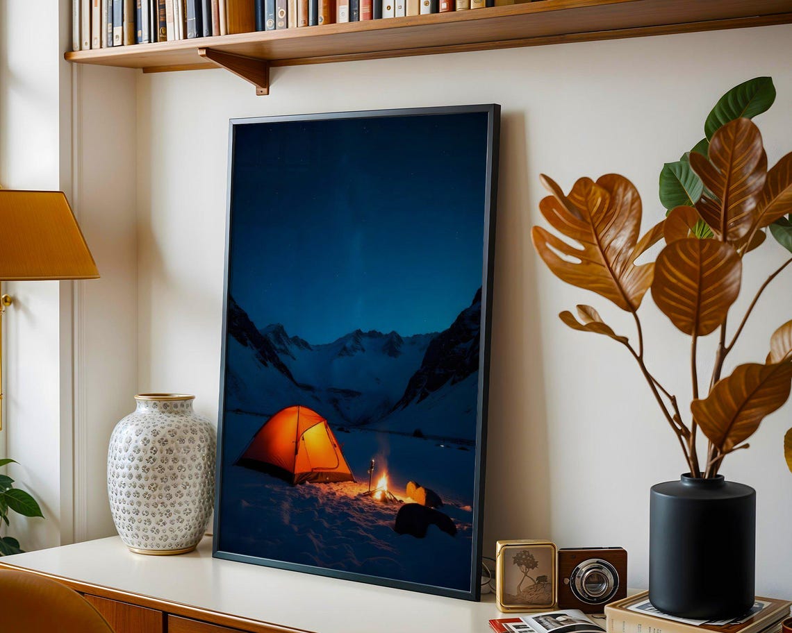 Glowing Tent With Campfire Under Snowy Night Mountains Poster - Image 3