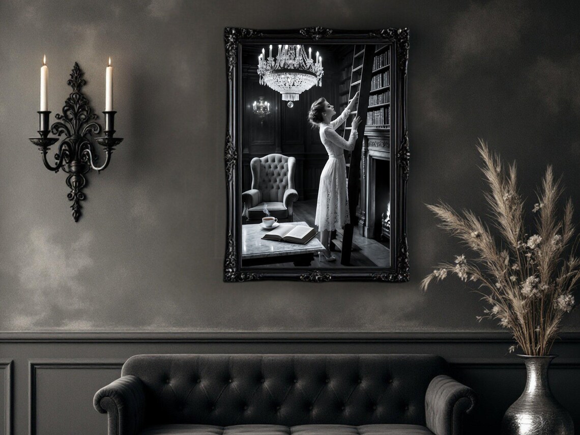 Woman in Lace Dress Climbing Library Ladder, Chandelier Poster - Image 4