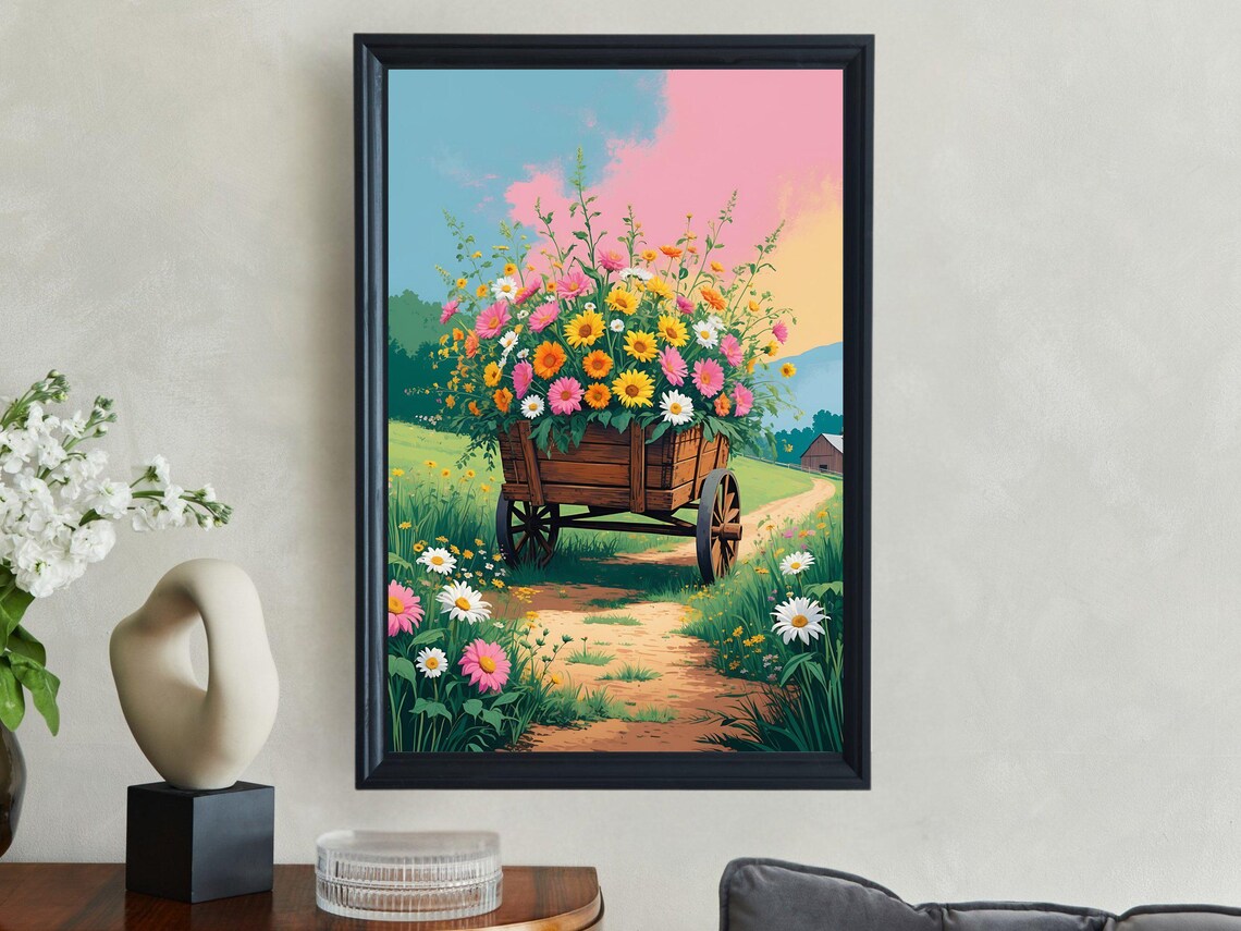 Wooden Flower Wagon Full Of Daisies On A Country Path At Sunset Poster