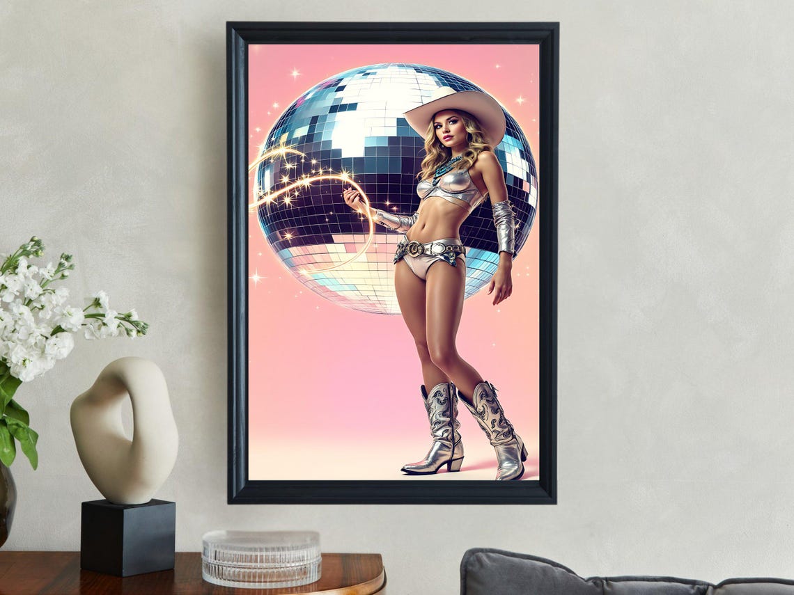 Retro Disco Cowboy Wall Art Space Cowboy Pinup Art Print Retro Glamour Poster Vintage Style Wall Decor Disco Ball Artwork