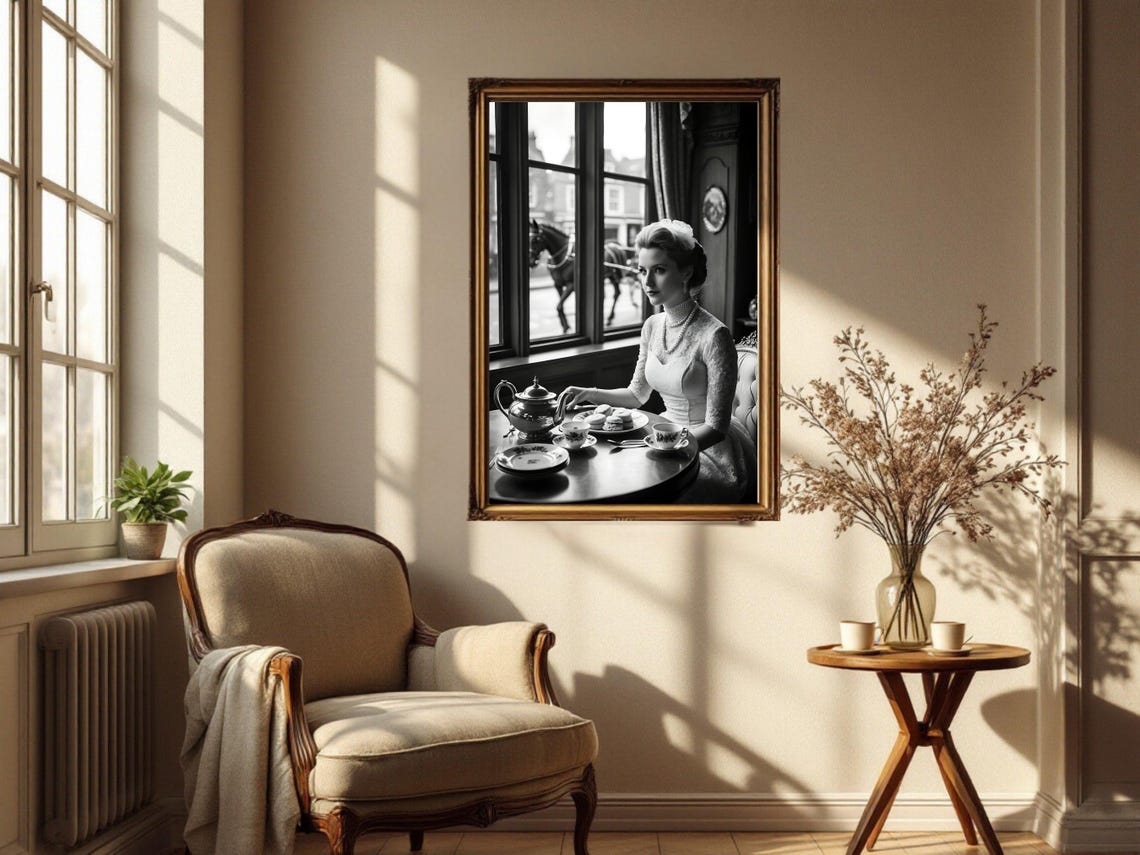 Woman with Pearls Taking Tea, Vintage Cafe Window Scene Poster - Image 2