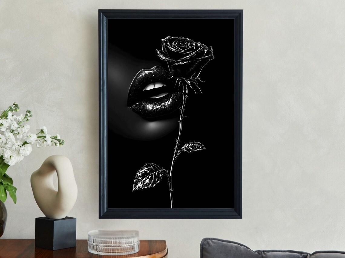 Black Rose And Glossy Dark Lips Gothic Floral Beauty Allure Poster