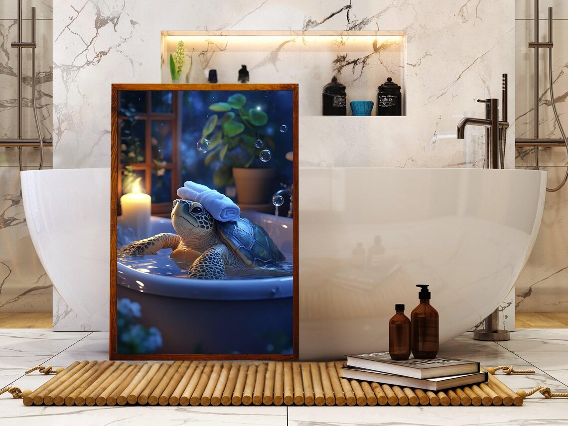 Sea Turtle Relaxing In Bathtub With Towel On Head Animal Poster - Image 5