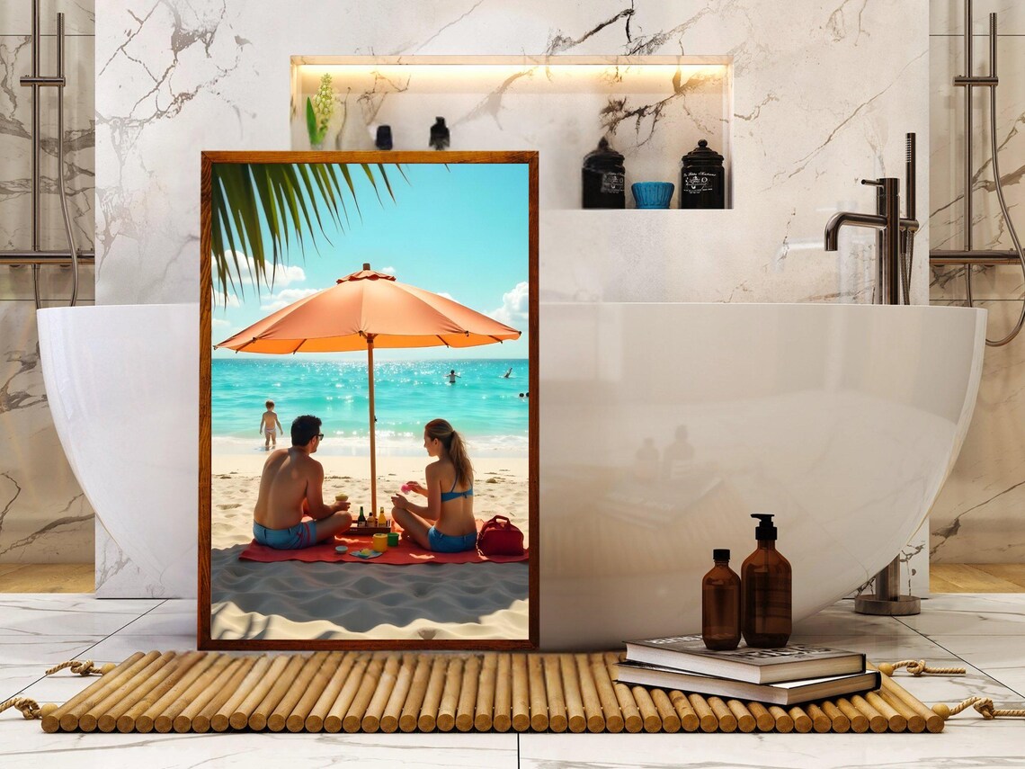 Couple Beach Picnic Under Bright Orange Umbrella Summer Day Poster - Image 2