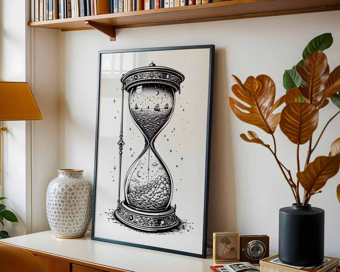 Vintage Hourglass Ocean Scene Print Nautical Wall Art Black And White Home Decor Unique Art Poster Sea Landscape Illustration - Image 2