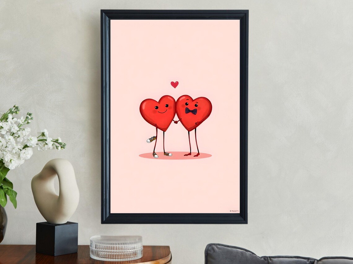 Cute Smiling Heart Couple in Love Romantic Illustration Art Poster