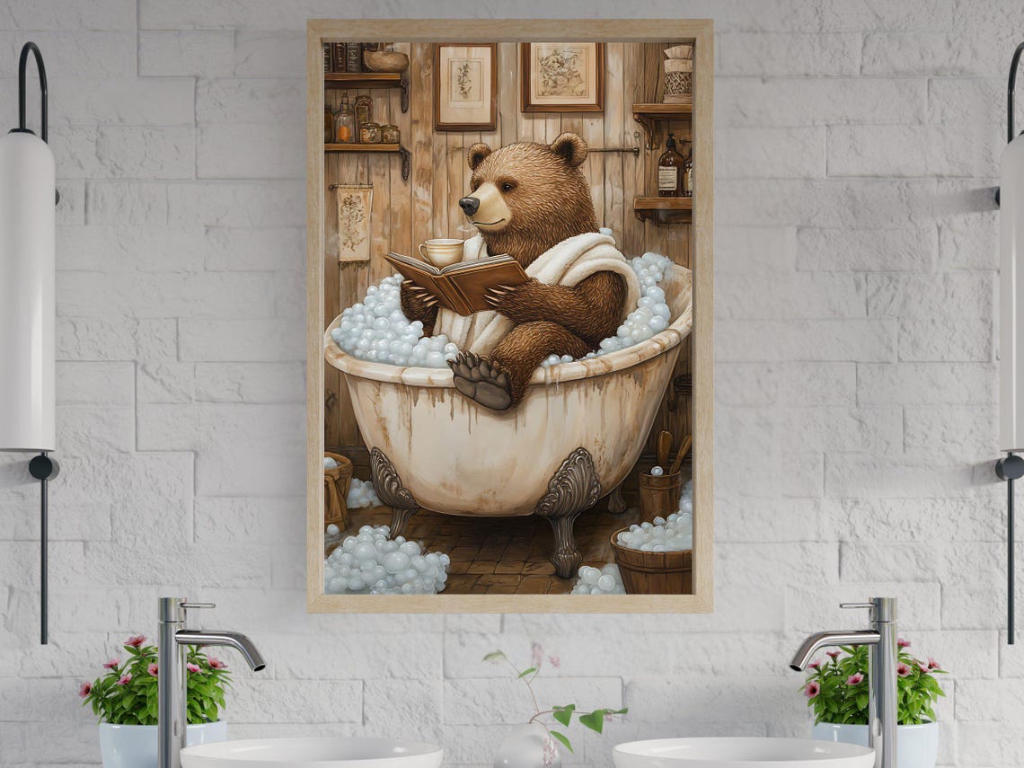 Brown Bear Reading a Book in a Clawfoot Bubble Bath With Tea Poster