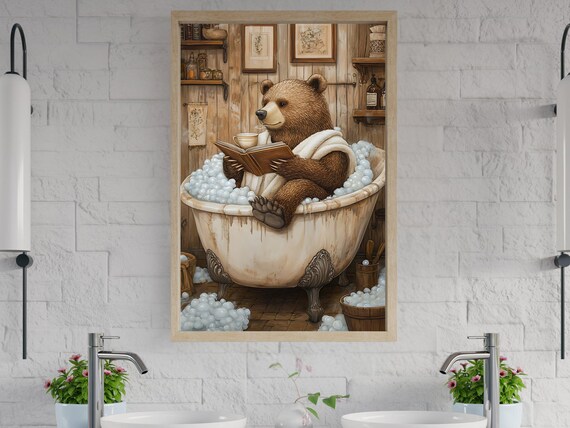 Brown Bear Reading a Book in a Clawfoot Bubble Bath With Tea Poster
