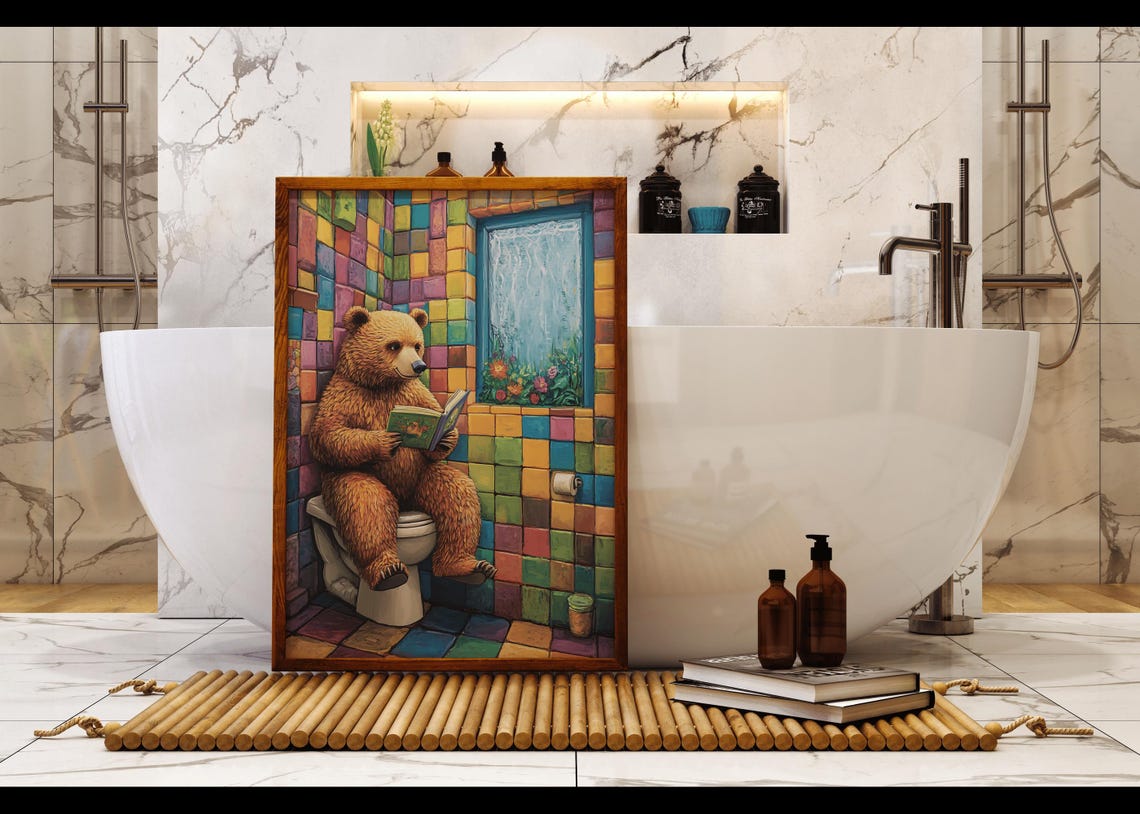 Brown Bear Reading Book Sitting On Toilet Colorful Bathroom Poster - Image 4