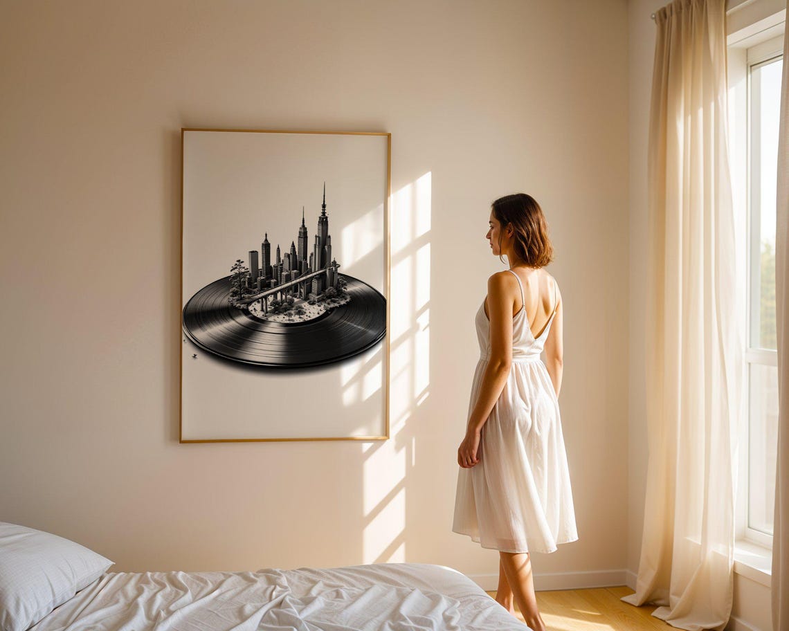 Miniature City Skyline On Vinyl Record Black White Music Poster - Image 5