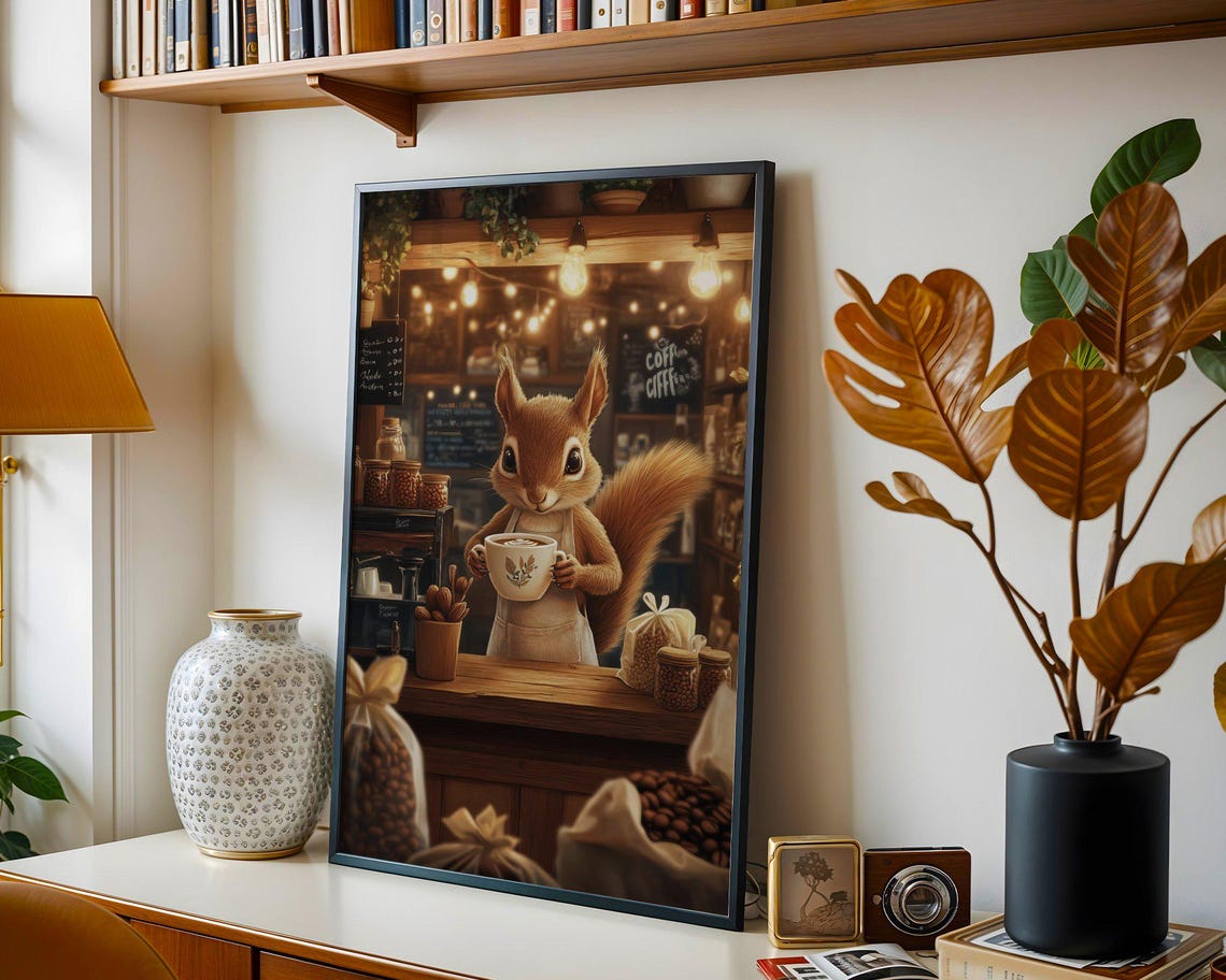 Squirrel Barista Holding a Hot Latte Behind a Coffee Bar Poster - Image 4