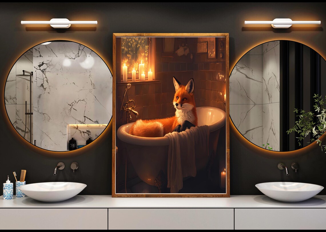 Fox Relaxing In Candlelit White Bathtub Dark Cozy Animal Poster - Image 4