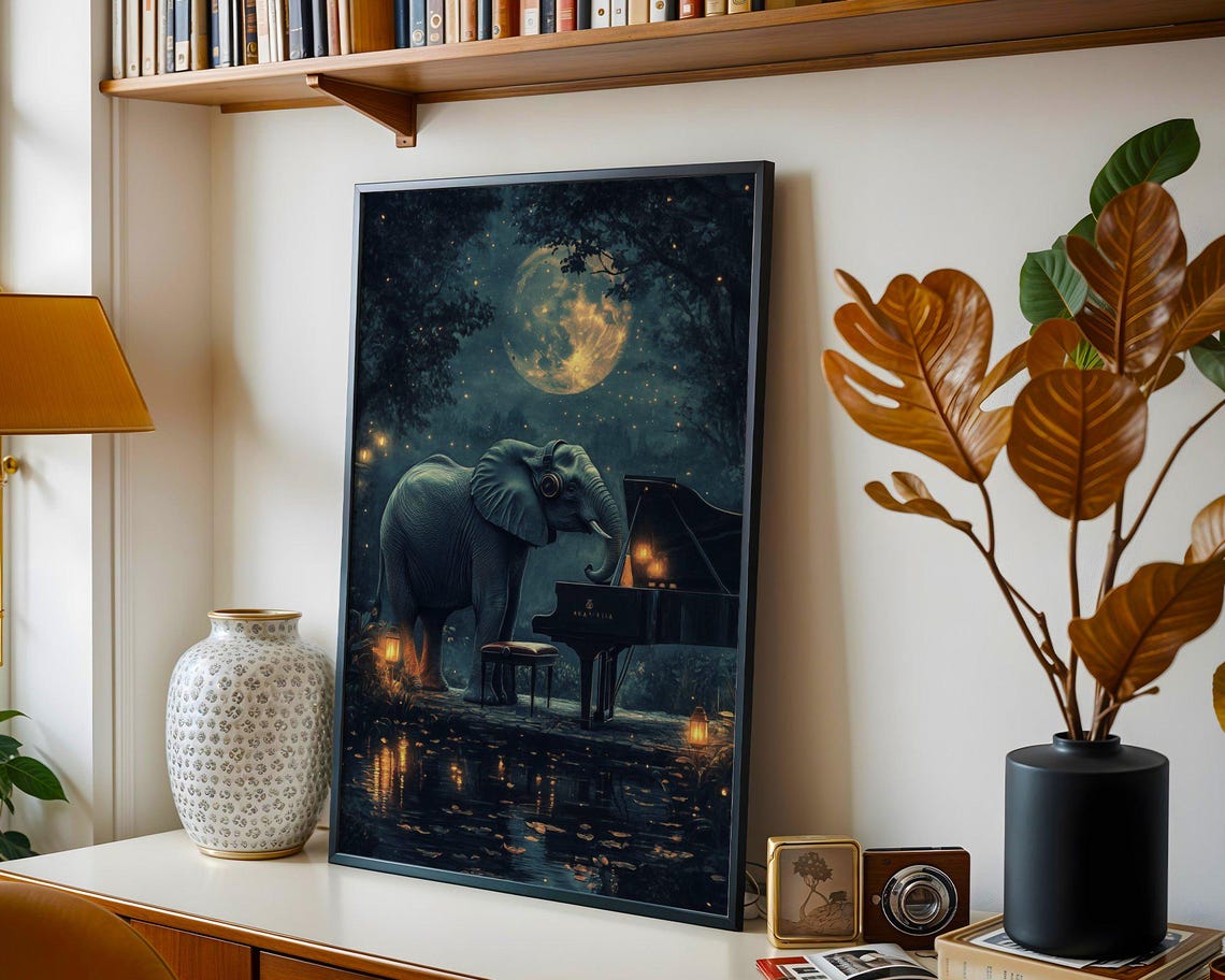 Elephant Playing Grand Piano Under A Full Moon At Night Poster - Image 5