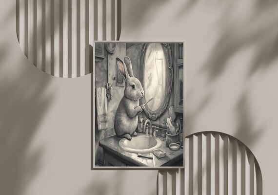Rabbit Brushing Its Teeth at a Vintage Sink Monochrome Sketch Poster