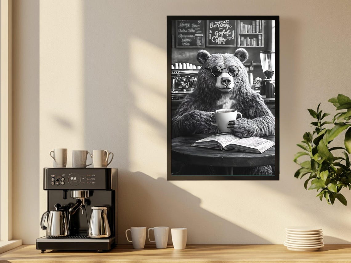 Cool Bear with Sunglasses Drinking Coffee in Black White Poster - Image 2