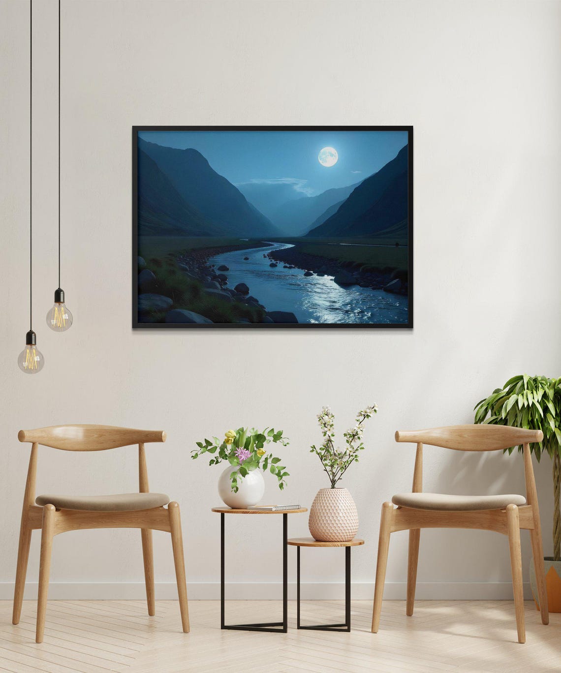 Moonlit Mountain River Scene Tranquil Night Landscape Art Serene Nature Wall Decor Blue Night Sky Print Scenic Mountain View - Image 2