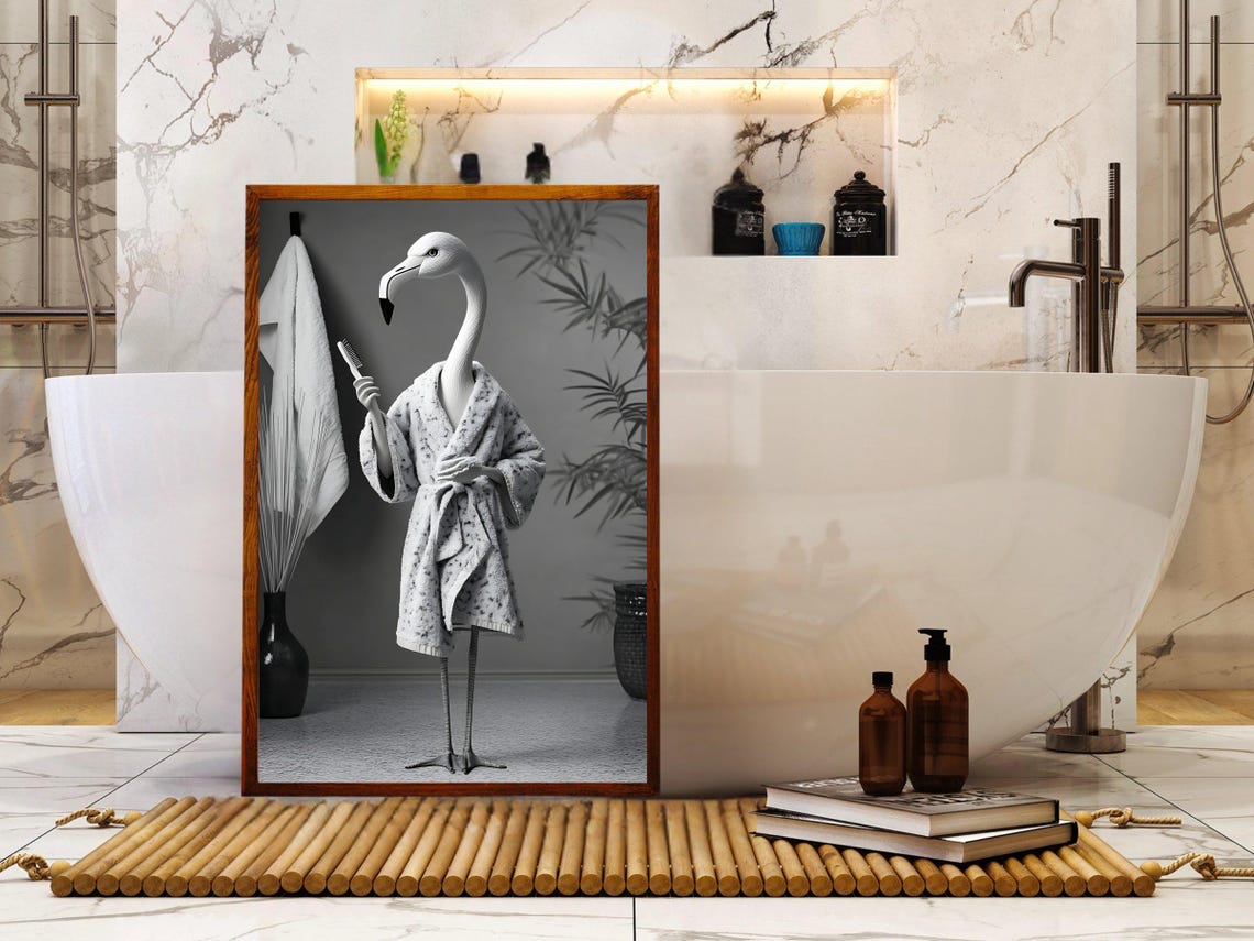 Flamingo in a Bathrobe Holding a Hairbrush After a Shower Poster - Image 5