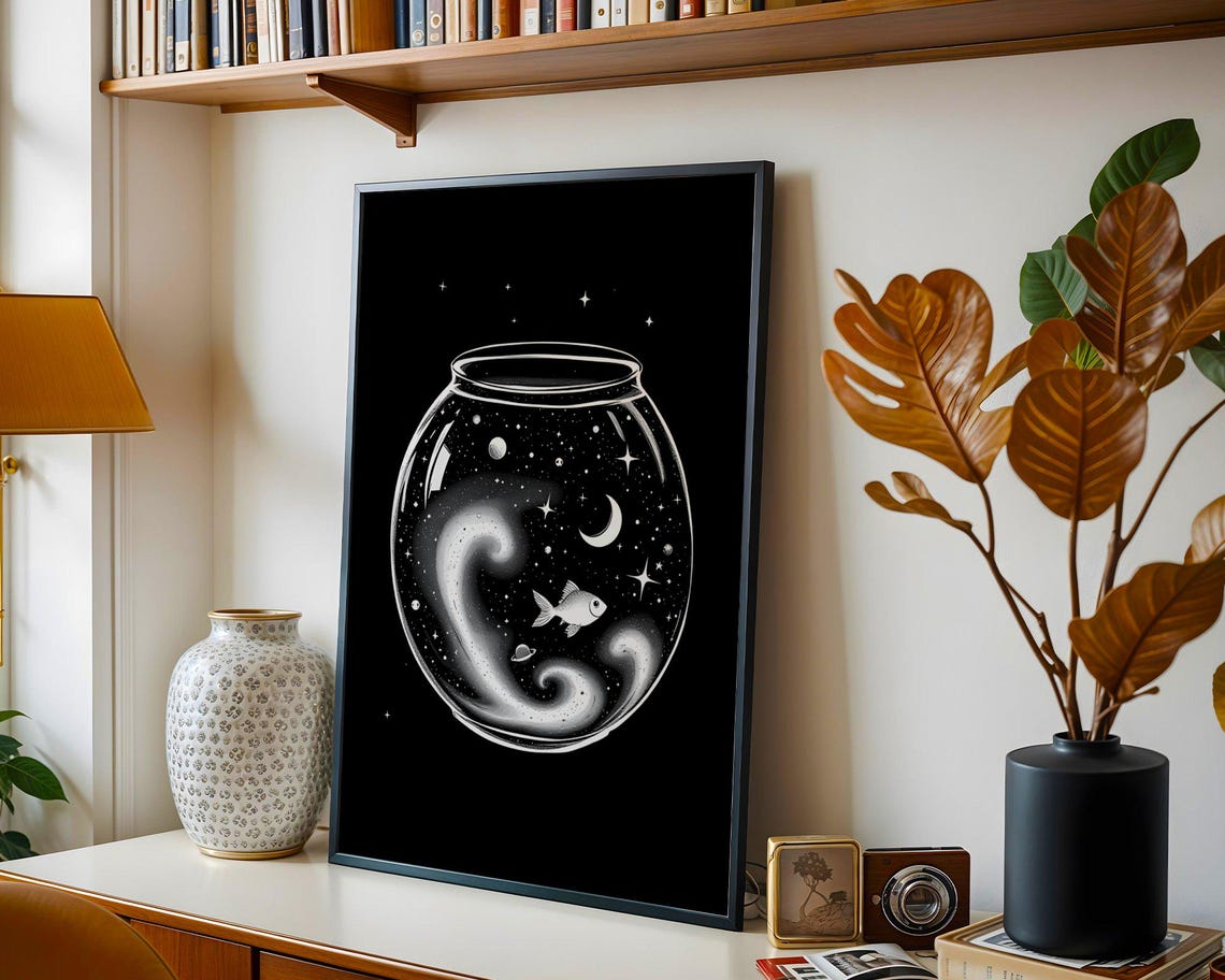 Outer Space Fish Bowl Wall Art Cosmic Aquarium Print Celestial Ocean Poster Night Sky Fish Art Surreal Starry Wall Decor - Image 2