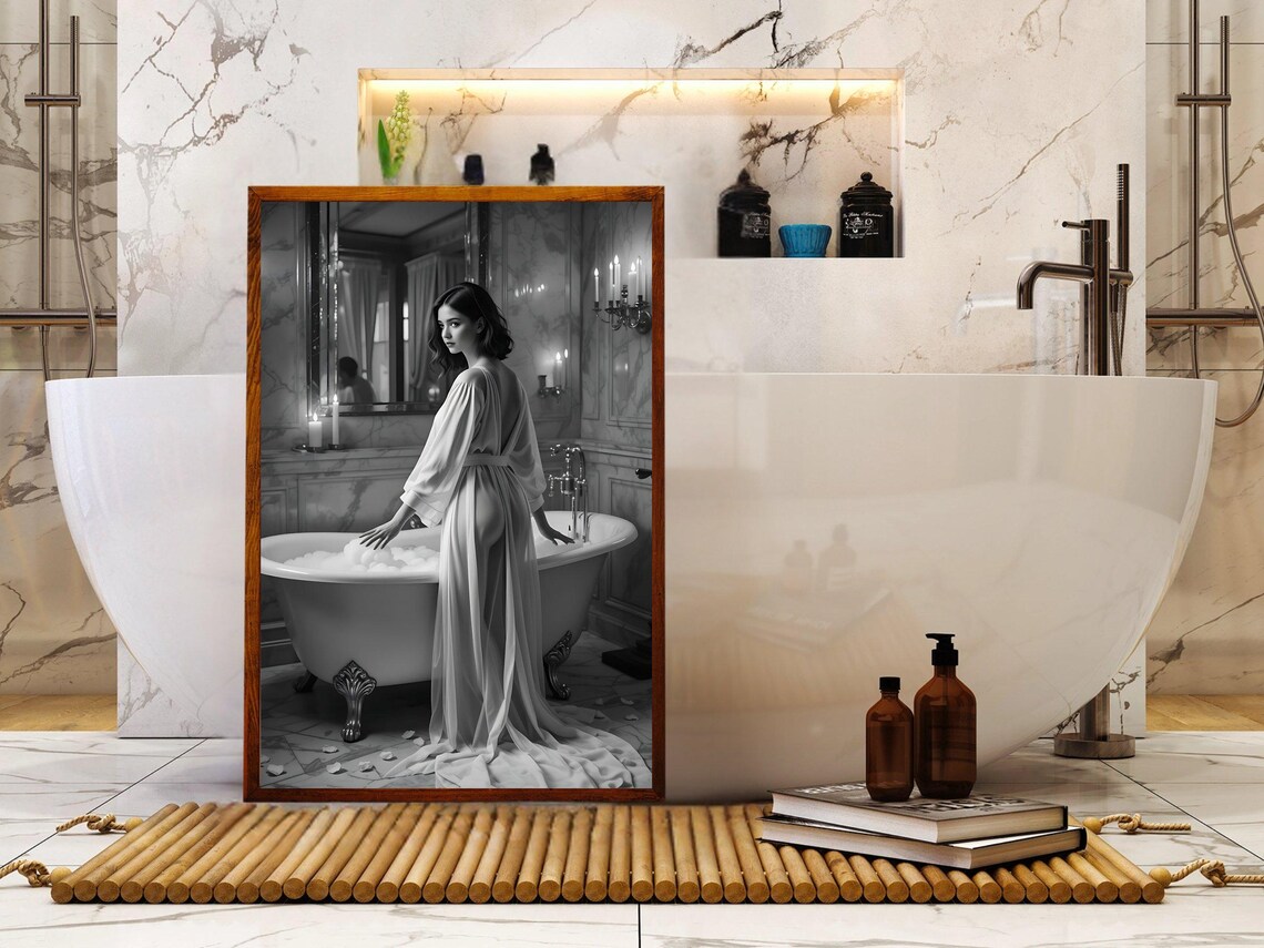 Elegant Bath Scene Wall Art Black And White Bathroom Decor Relaxing Woman Poster Luxury Gothic Artwork Romantic Home Prints - Image 5