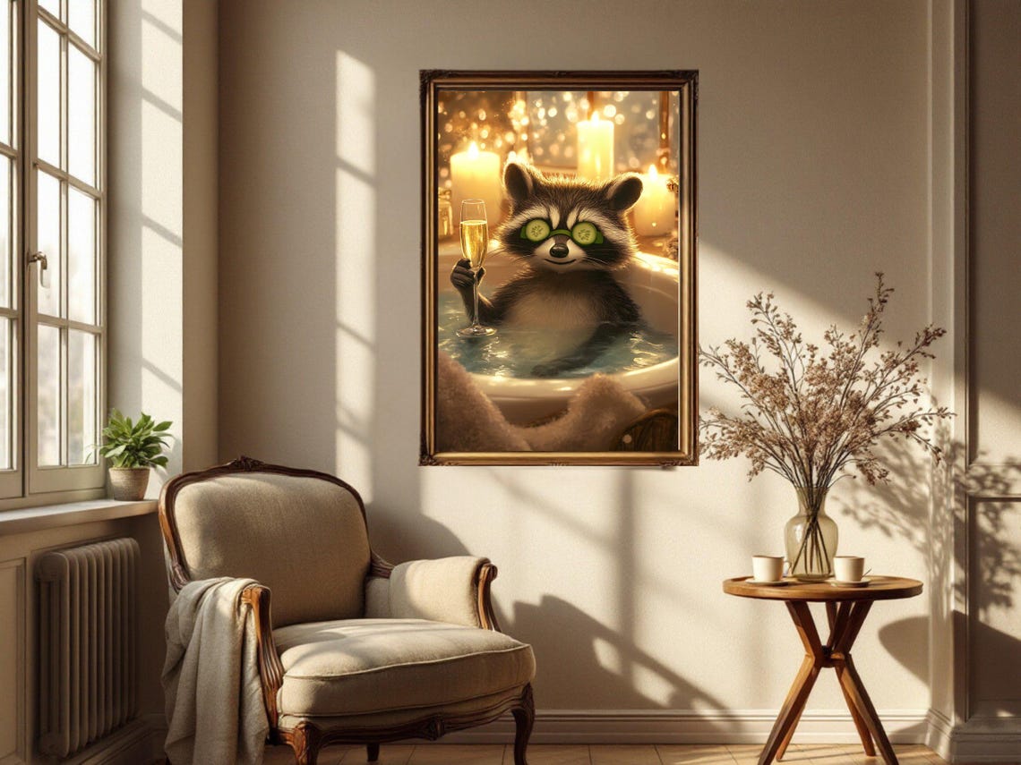 Relaxing Raccoon With Cucumber Slices Toasting in a Bubble Bath Poster - Image 4
