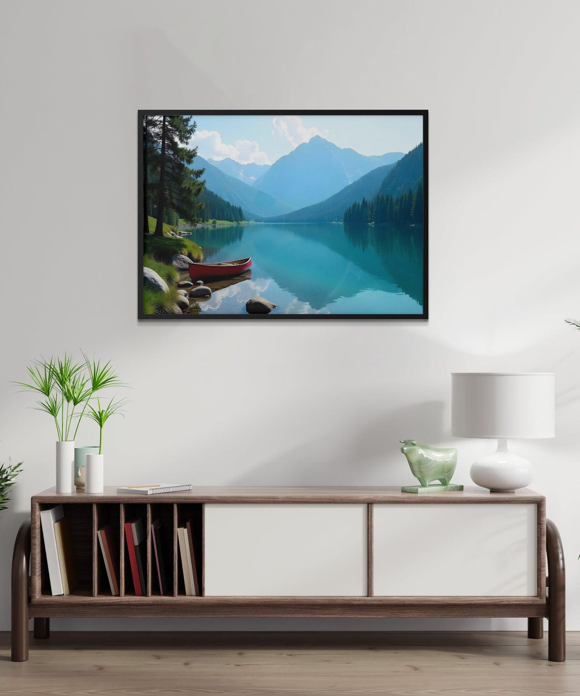 Red Canoe on a Turquoise Alpine Lake Shore Beneath Tall Peaks Poster - Image 3