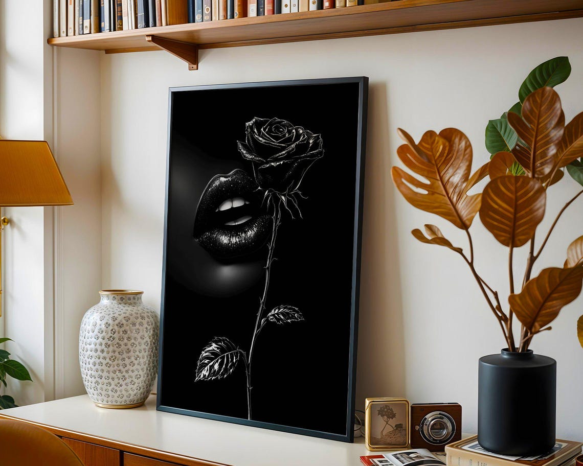 Black Rose And Glossy Dark Lips Gothic Floral Beauty Allure Poster - Image 2
