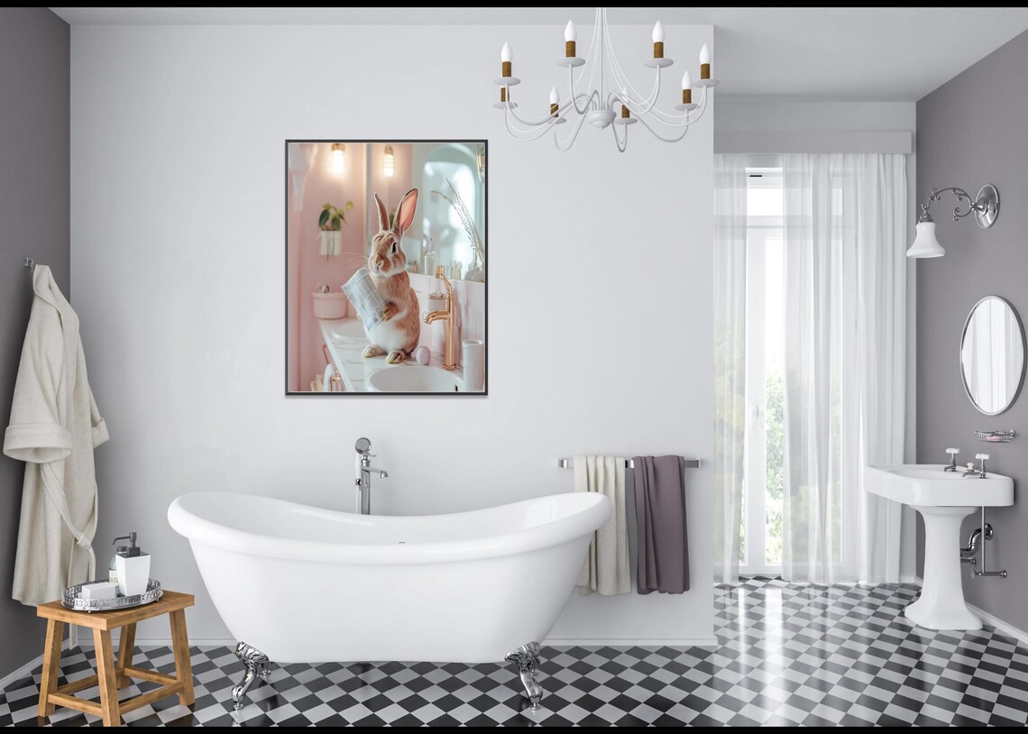 Bunny Reading the Newspaper in a Pink Bathroom Cute Animal Poster - Image 3