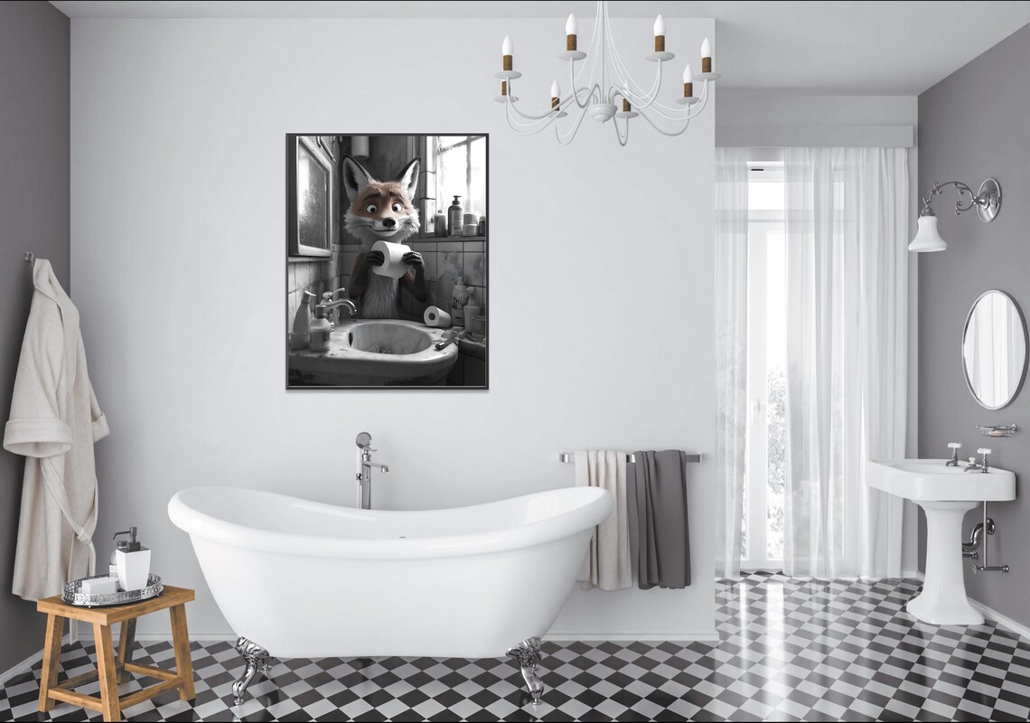 Cheeky Fox Holding Toilet Paper at the Sink Black and White Poster - Image 2