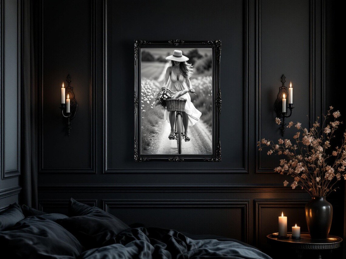 Woman in Sunhat Cycling Country Road with Flower Basket Poster - Image 3