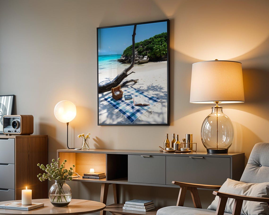 Beach Picnic Blanket Under Leaning Tree on Tropical Island Poster - Image 5