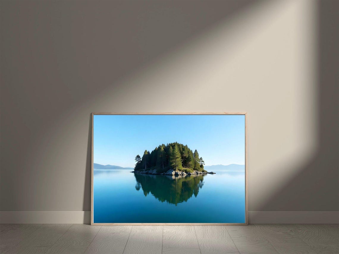 Tiny Forested Island with Mirror Reflection on a Calm Blue Lake Poster - Image 5