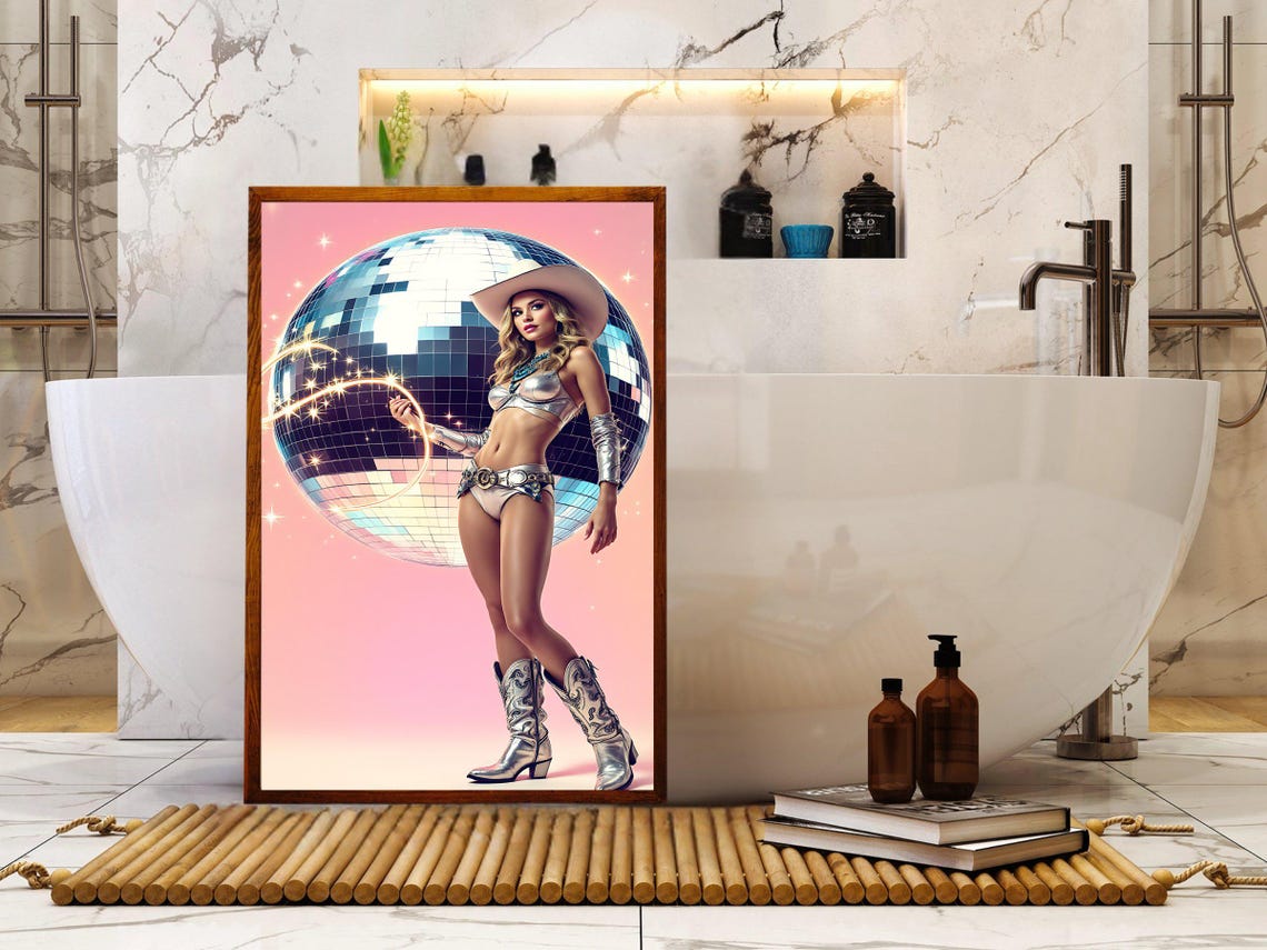 Retro Disco Cowboy Wall Art Space Cowboy Pinup Art Print Retro Glamour Poster Vintage Style Wall Decor Disco Ball Artwork - Image 2