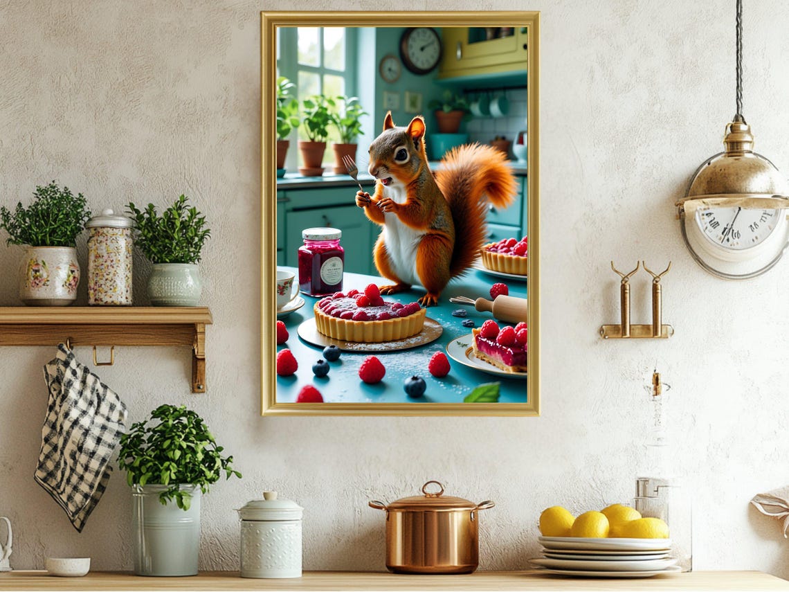 Squirrel Eating Berry Tart Cute Kitchen Animal Humor Fun Poster