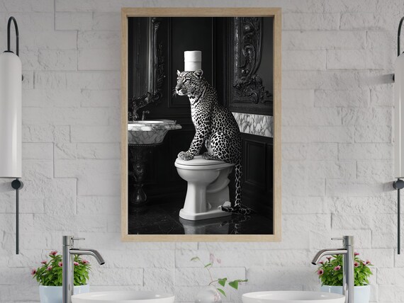 Leopard Sitting On Toilet With Toilet Paper Black And White Poster