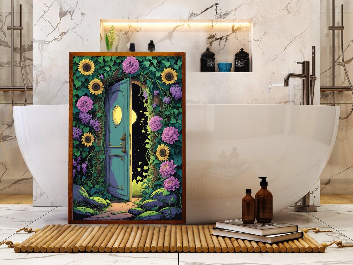 Teal Garden Door Night Portal Moonlit Stars Flower Art Print - Image 5