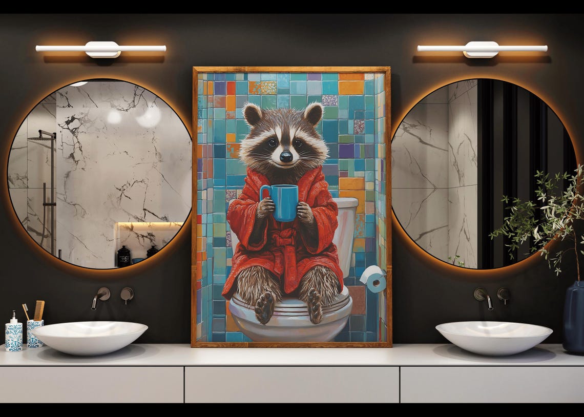 Cute Raccoon Wall Art Raccoon Print In Bathroom Animal Art For Kids Fun Animal Wall Decor Colorful Animal Illustration Playful Raccoon